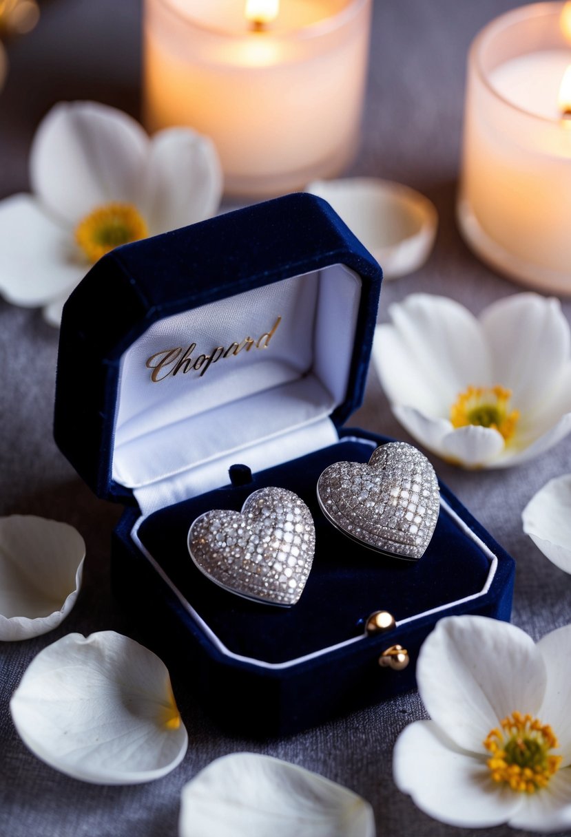 A sparkling pair of Chopard Happy Hearts Earrings nestled in a luxurious velvet jewelry box, surrounded by delicate flower petals and soft candlelight