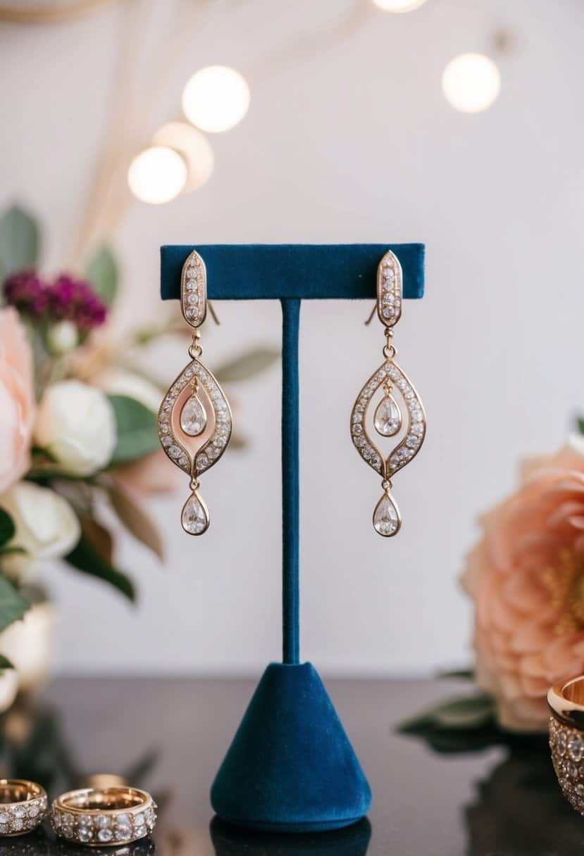 Two elegant dual drop earrings displayed on a luxurious velvet jewelry stand, surrounded by soft lighting and a hint of floral decor