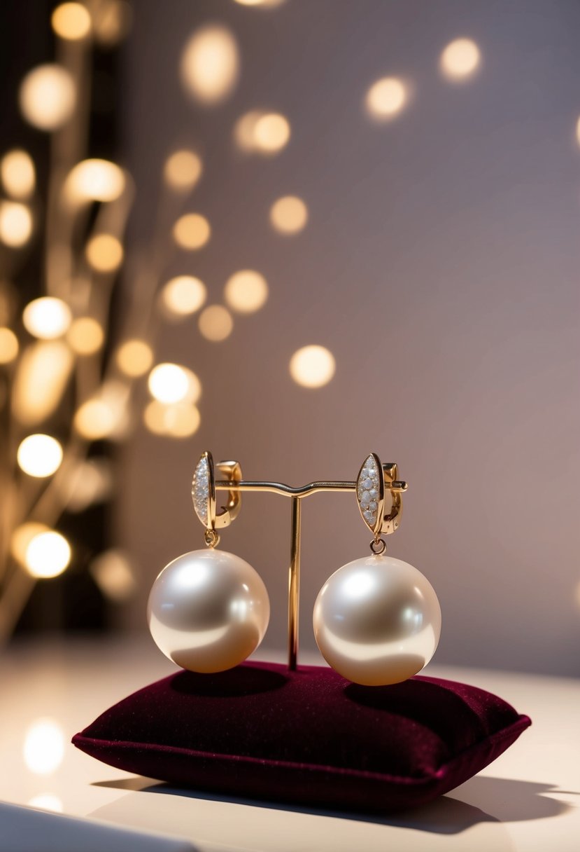 A luxurious pair of Mikimoto Akoya pearl earrings showcased on a velvet cushion under soft, warm lighting