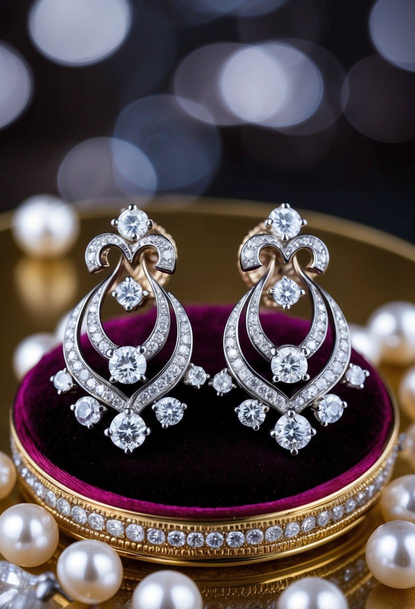 A pair of intricate Buccellati Ramage earrings displayed on a luxurious velvet cushion, surrounded by sparkling diamonds and pearls