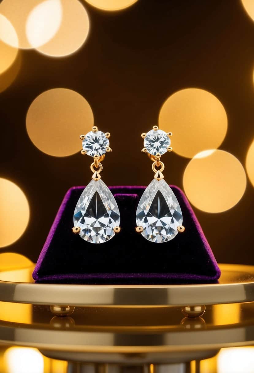 A pair of De Beers Dewdrop Earrings displayed on a luxurious velvet cushion under soft, golden lighting