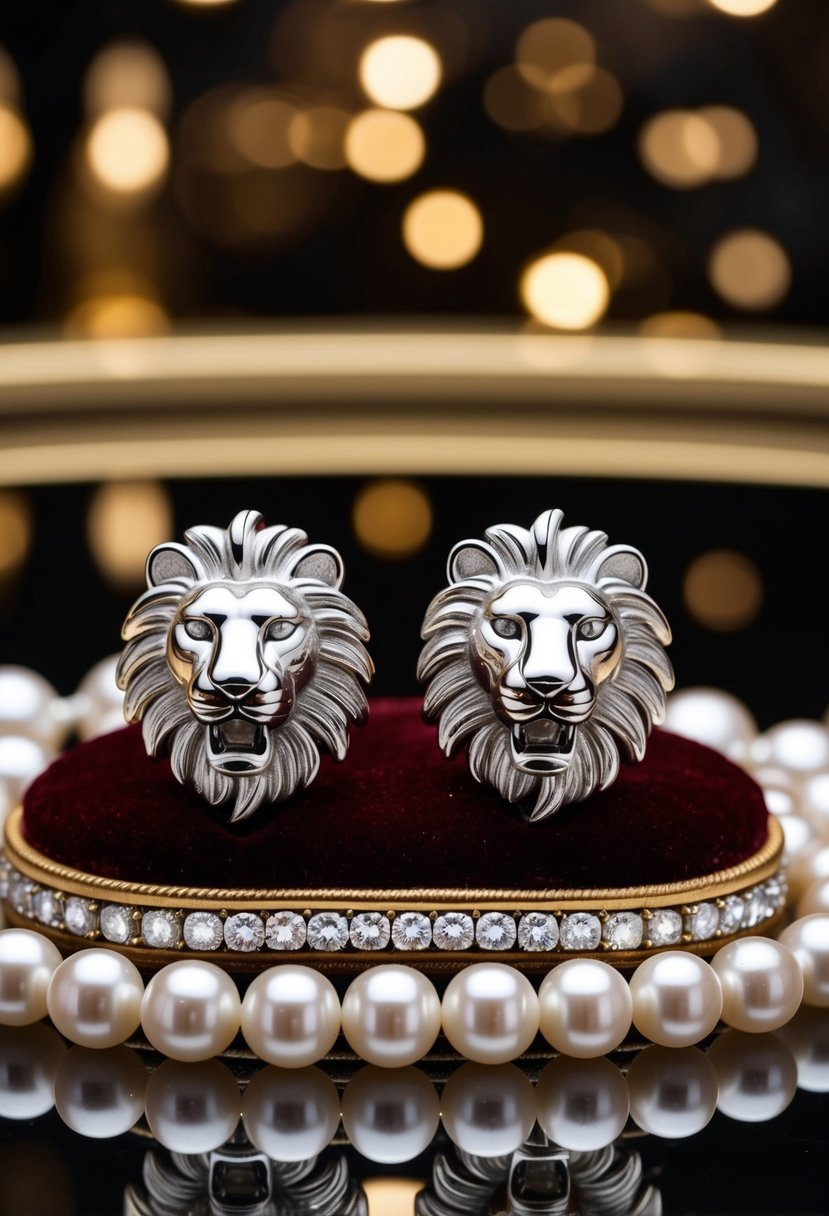 A luxurious pair of Gucci Lion Head Earrings displayed on a velvet cushion surrounded by sparkling diamonds and pearls