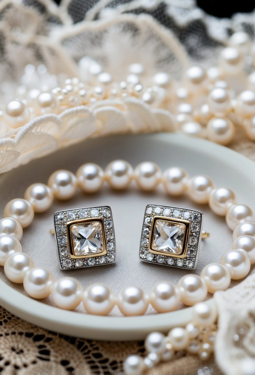 A luxurious display of Swarovski Angelic Square Pierced Earrings surrounded by delicate lace and shimmering pearls