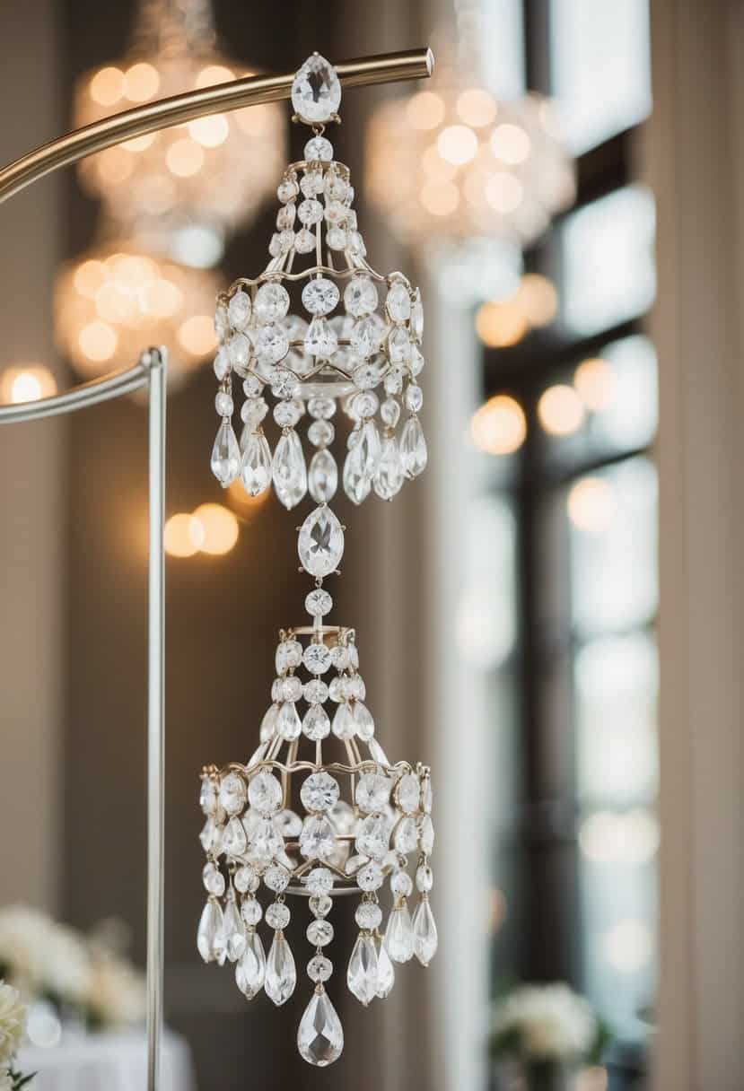 A vintage crystal chandelier earrings dangling from an elegant display, catching the light in a luxurious bridal setting