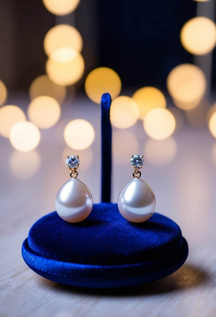 A pair of pearl drop studs displayed on a velvet cushion with soft, romantic lighting