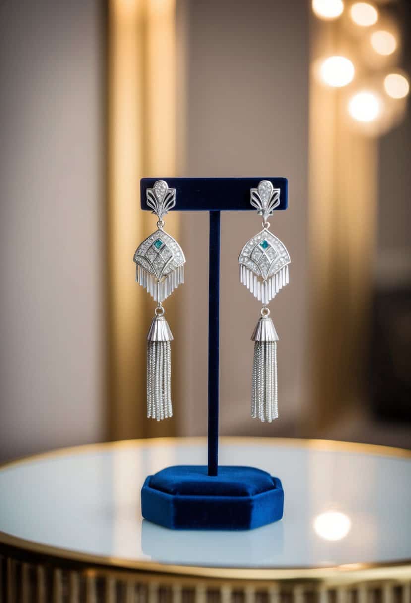 A pair of elegant Art Deco tassel earrings displayed on a luxurious velvet jewelry stand, with soft lighting highlighting their intricate design