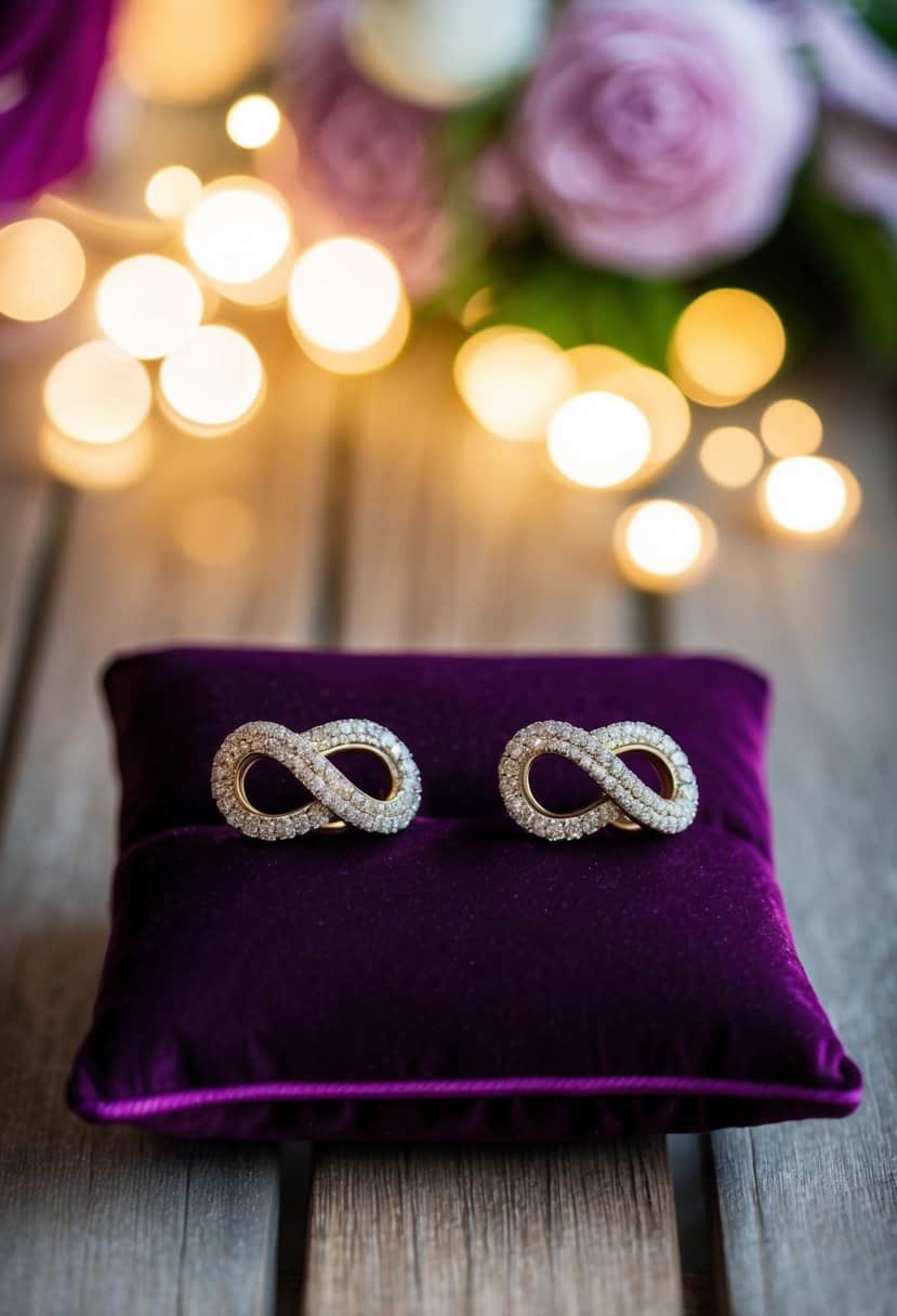 A pair of infinity knot diamanté earrings displayed on a luxurious velvet cushion, with soft lighting casting a romantic glow