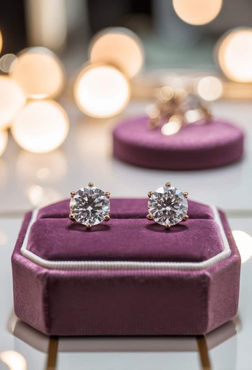 Two elegant solitaire diamond studs rest on a velvet jewelry display, catching the light in a luxurious bridal boutique