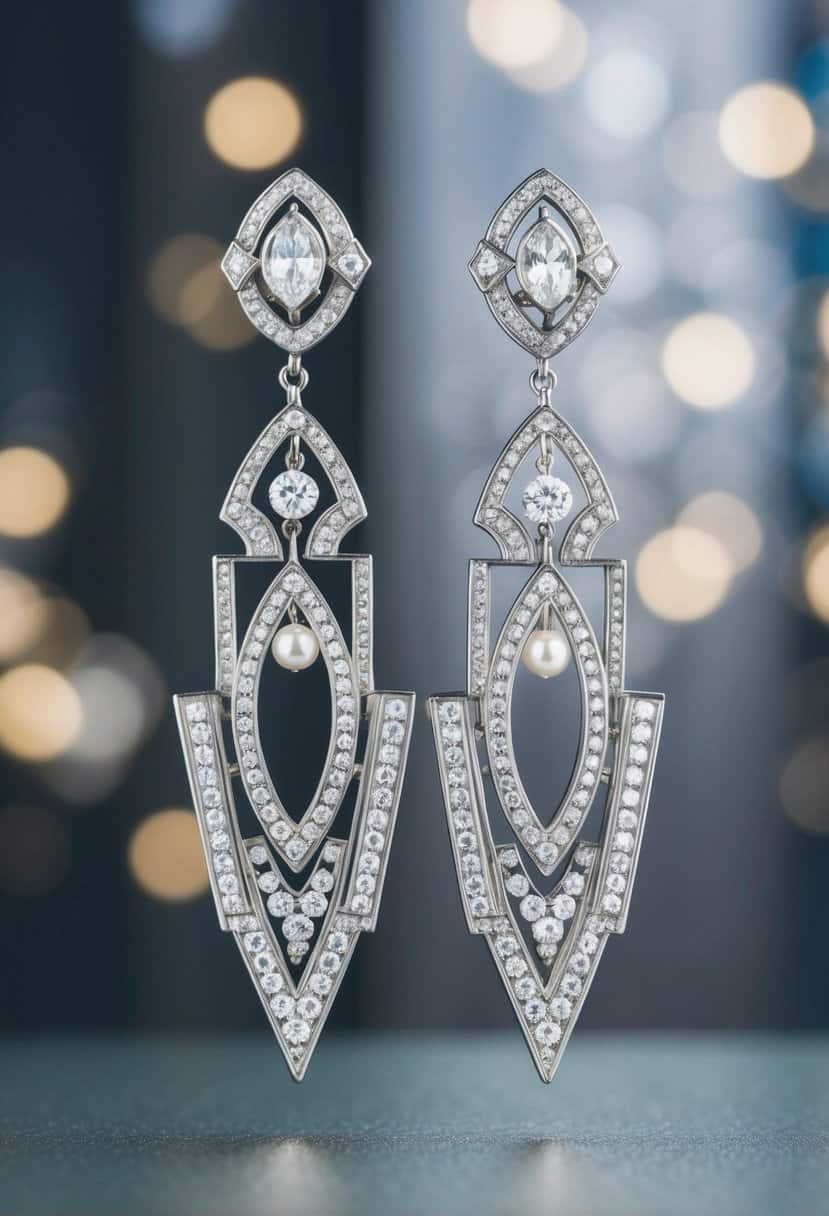 A pair of elegant teardrop earrings with intricate art deco designs, sparkling with diamonds and pearls, evoking the glamour of the Gatsby era