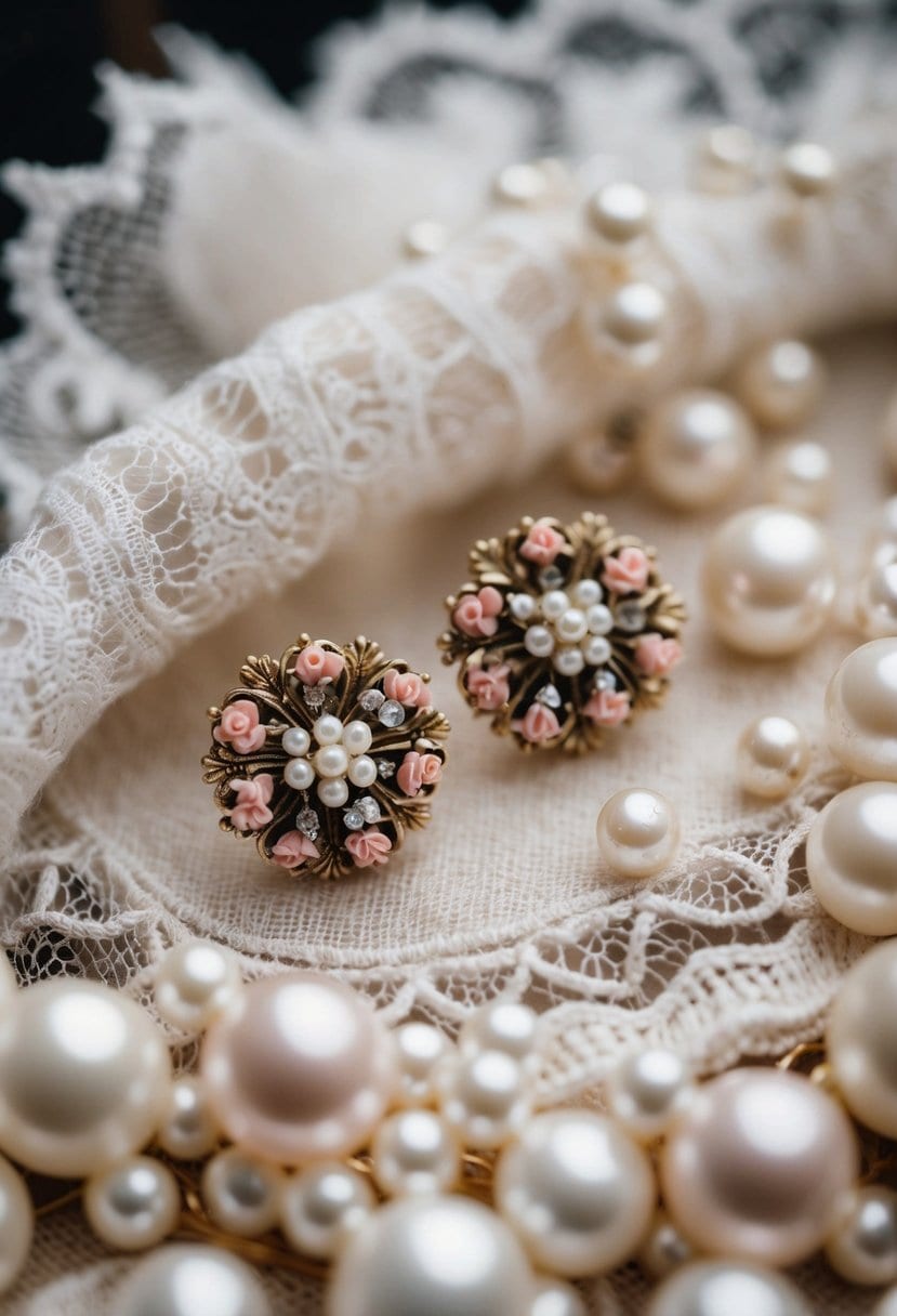 A pair of delicate Victorian floral cluster earrings, nestled among lace and pearls, evoking timeless elegance