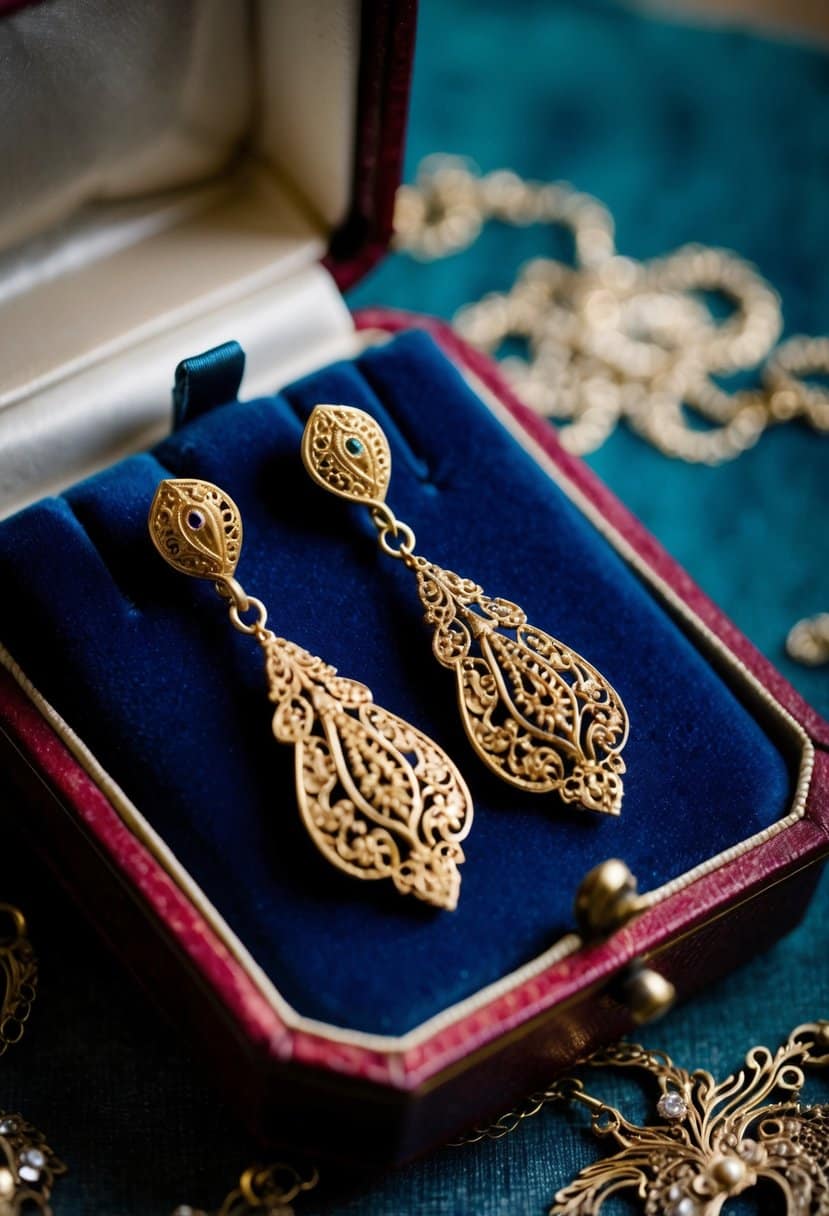 A pair of intricate antique gold filigree dangle earrings displayed on a velvet cushion in a vintage jewelry box