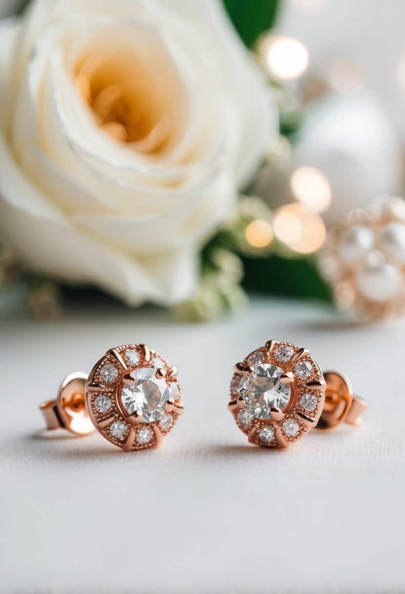 A delicate pair of rose gold stud earrings, adorned with heirloom details, glisten in the soft light of a luxurious wedding setting