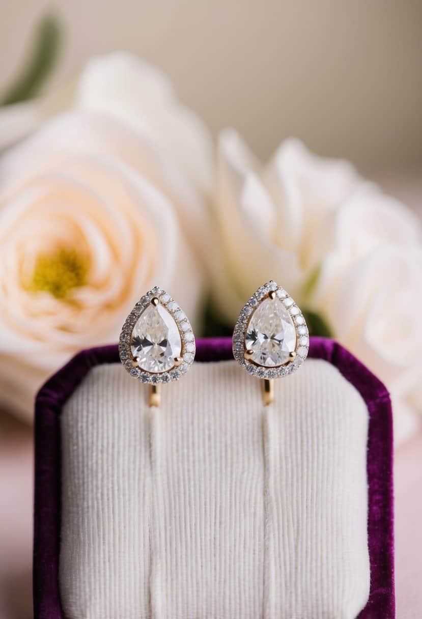 A pair of pear-cut diamond halo earrings displayed on a velvet cushion against a soft, romantic background