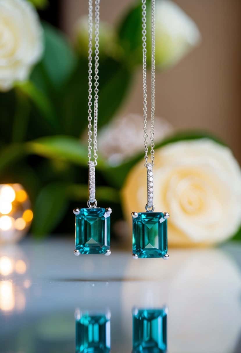 Emerald-cut sapphire earrings suspended from delicate silver chains, catching the light in a luxurious, romantic setting