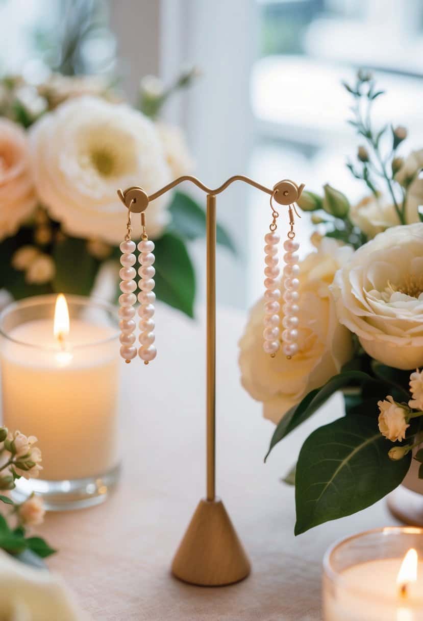 A pair of freshwater pearl threader earrings dangling from a delicate display stand, surrounded by soft candlelight and floral arrangements