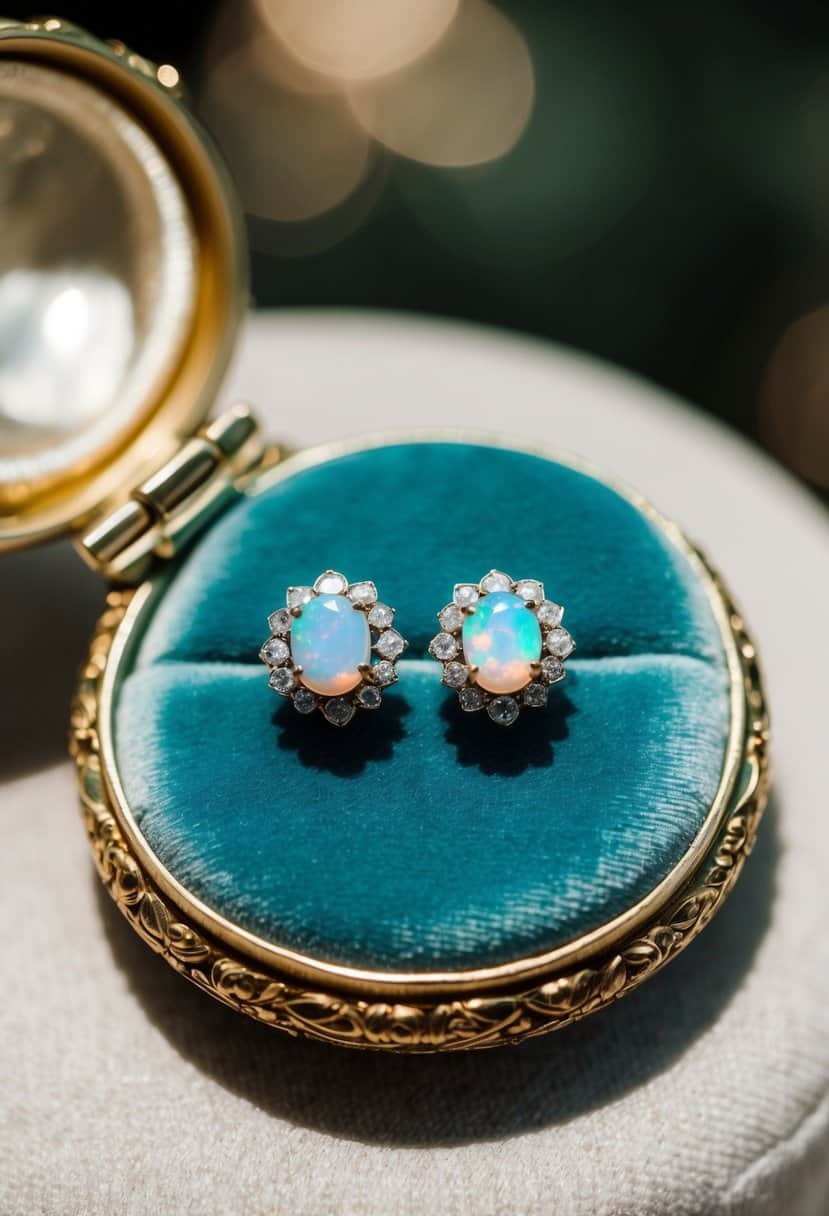 Opal studs in ornate Edwardian setting, displayed on a velvet cushion in soft, natural light