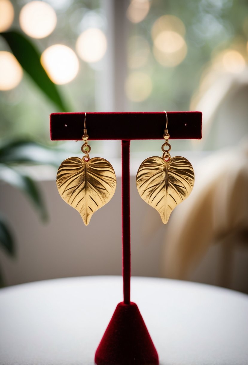 Lily Gold Leaf Earrings displayed on a velvet stand with soft lighting