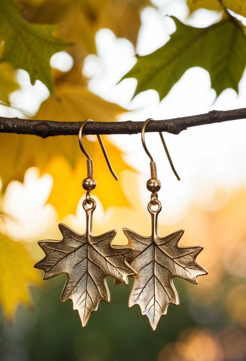 A pair of maple leaf drop earrings hanging from a tree branch with a soft, romantic background of autumn foliage and sunlight filtering through the leaves