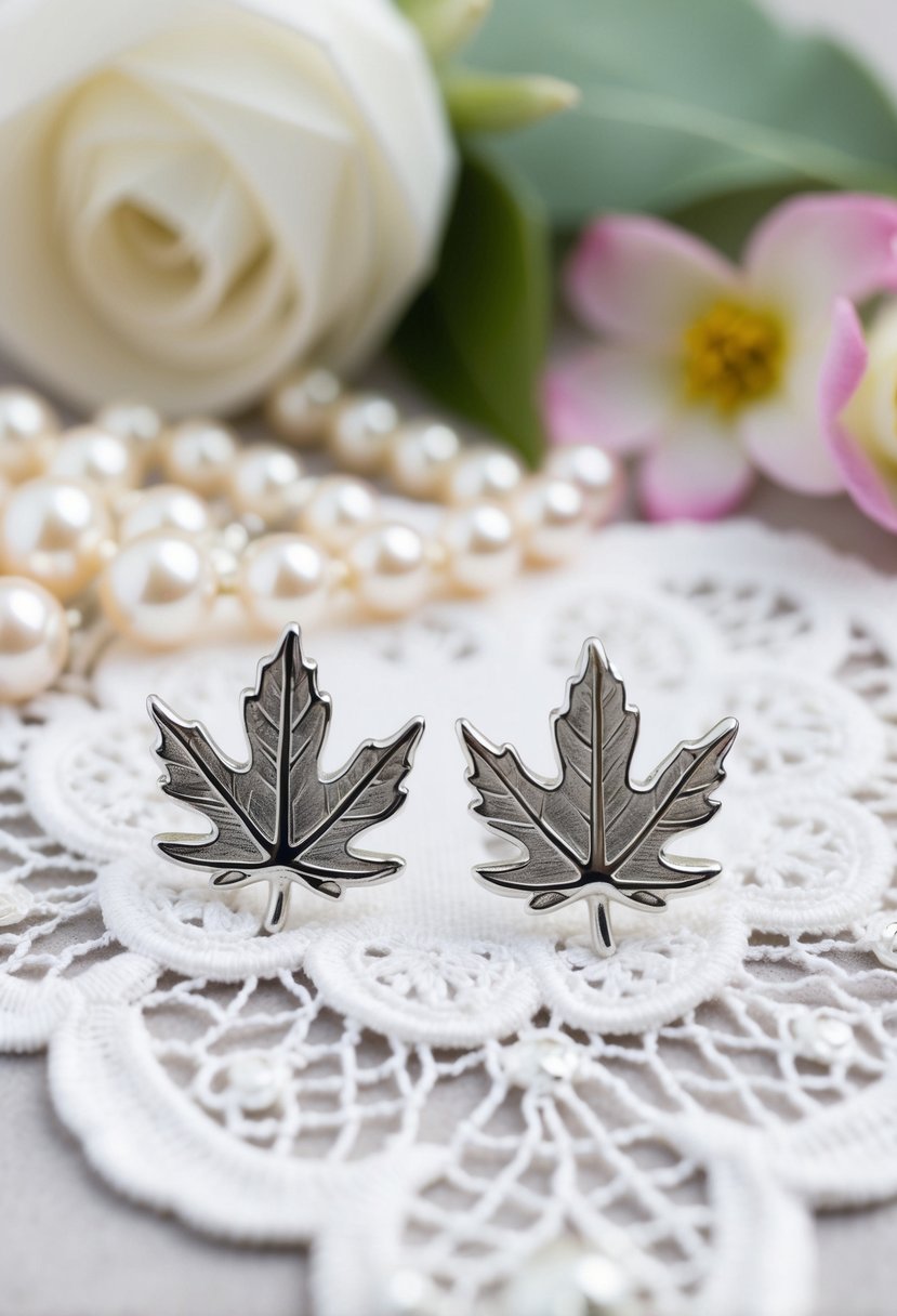 Two silver oak leaf studs on a white lace background with delicate wedding details like pearls and flowers