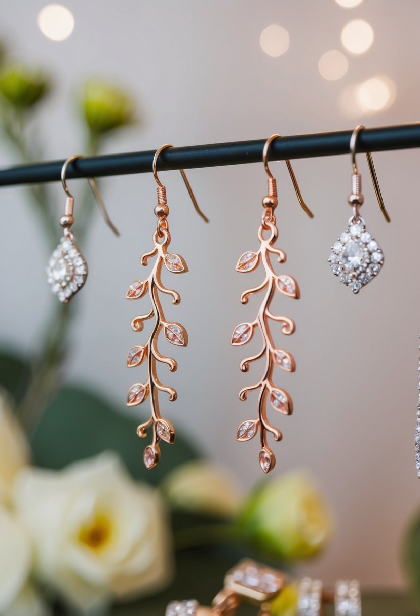 A pair of delicate rose gold vine earrings dangle from a display, surrounded by other wedding jewelry