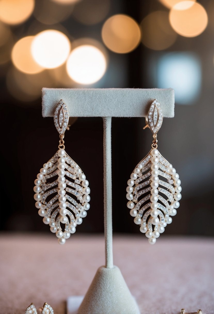 A pair of pearl leaf-shaped bridal earrings displayed on a velvet jewelry stand