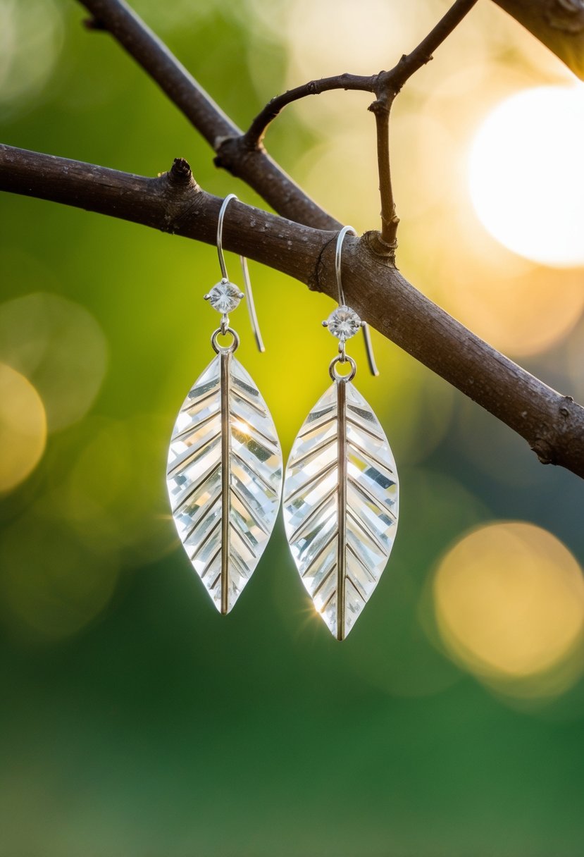 A pair of delicate crystal leaf dangle earrings hanging from a tree branch, with soft sunlight casting a warm glow on them