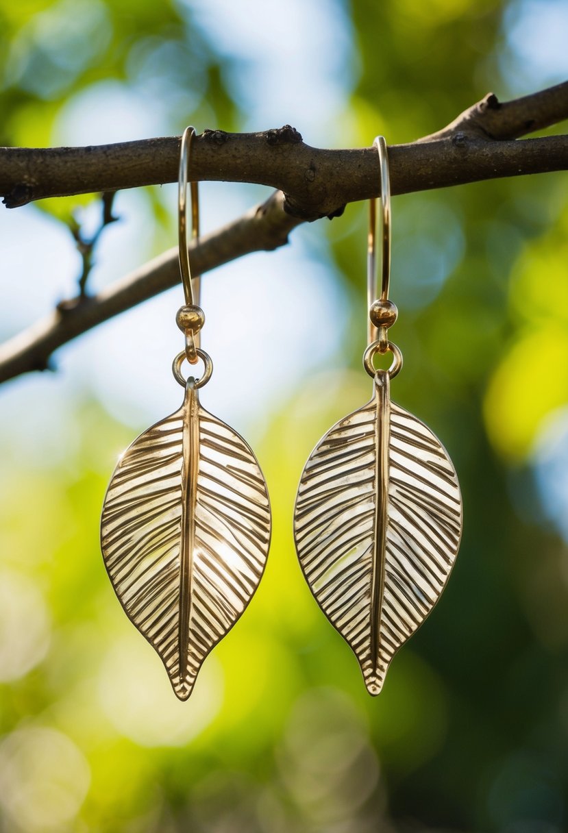 Two leaf-shaped hoops dangle from a tree branch, catching the sunlight