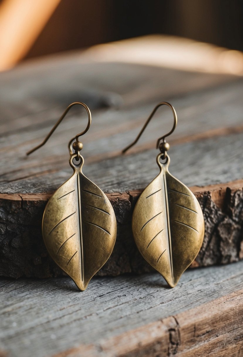 A pair of vintage brass leaf earrings displayed on a rustic wooden surface with soft natural lighting