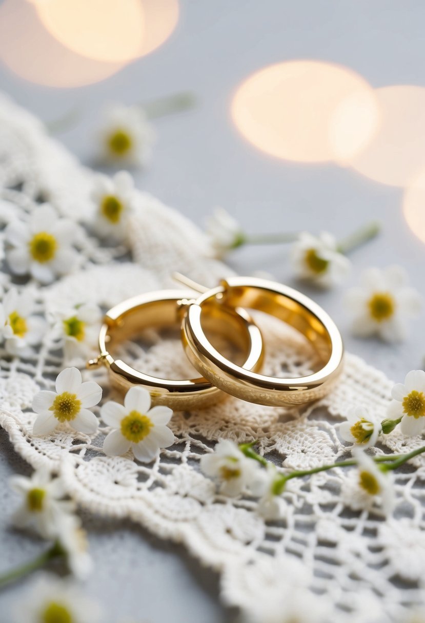 A pair of petite gold hoops resting on a bed of delicate lace, surrounded by tiny white flowers and a soft, romantic glow