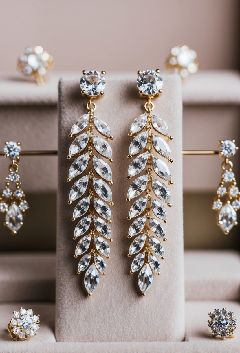 A pair of rhinestone leaf ear climbers glimmering on a velvet display, surrounded by delicate wedding earrings