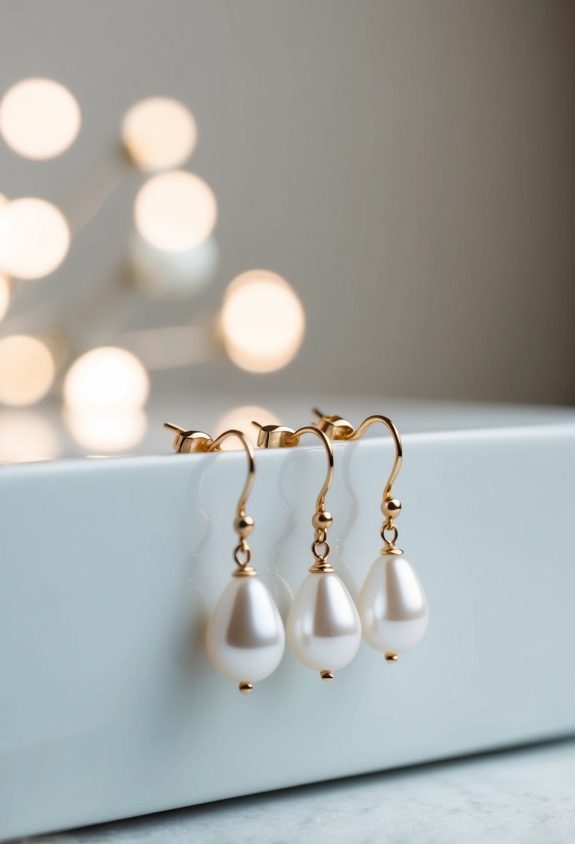 A pair of pearl drop earrings displayed on a clean, white surface with soft lighting, creating a minimalist and elegant wedding accessory