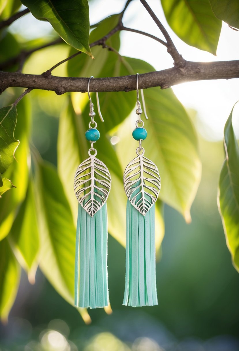 A pair of bohemian leaf tassel earrings hanging from a tree branch, with soft sunlight filtering through the leaves