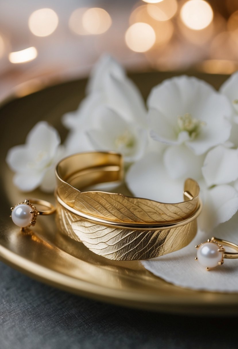 A delicate gold leaf ear cuff nestled among wedding earrings