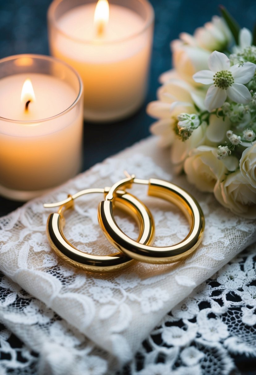 A pair of gold hoop earrings resting on a delicate lace fabric, surrounded by soft candlelight and a bouquet of white flowers