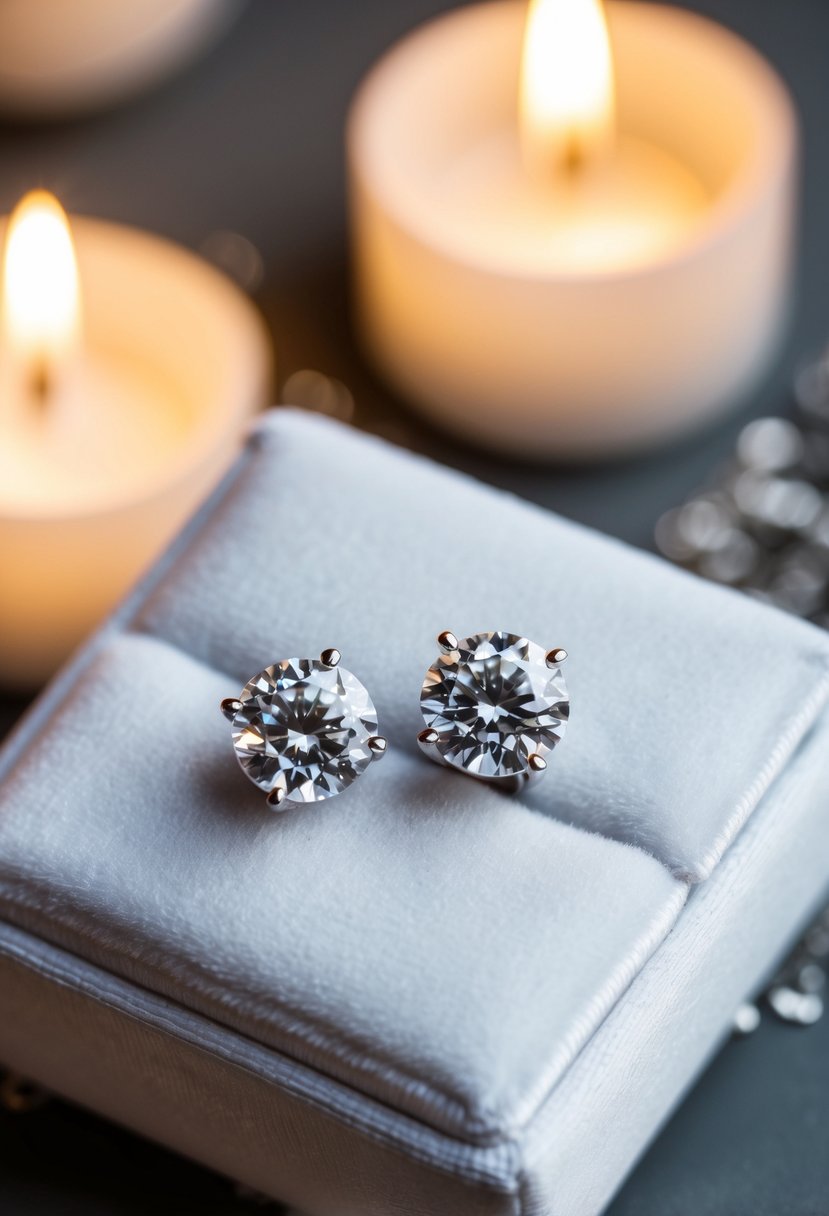 Two diamond studs on a white velvet cushion, surrounded by soft candlelight