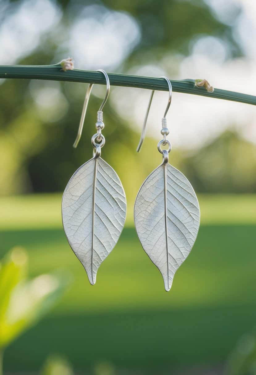 Two delicate teardrop-shaped leaves dangle from silver earrings, catching the light at a serene outdoor wedding