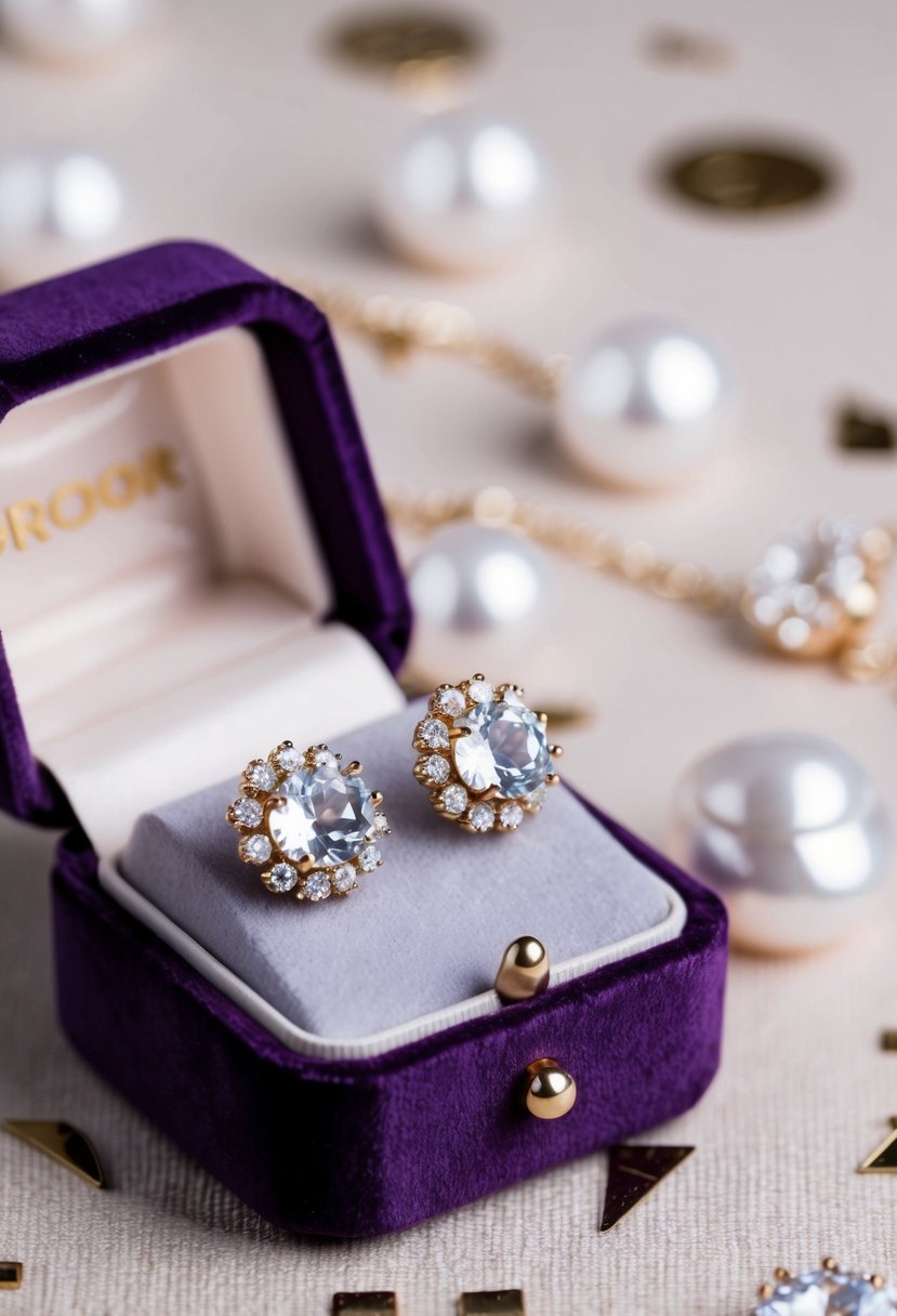 Two delicate crystal pearl studs on a velvet jewelry box