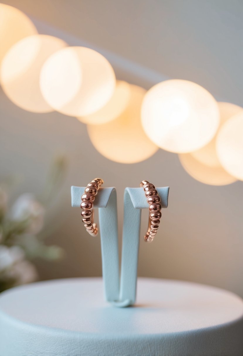 A pair of delicate rose gold crawler earrings displayed on a clean, white surface, surrounded by soft, romantic lighting