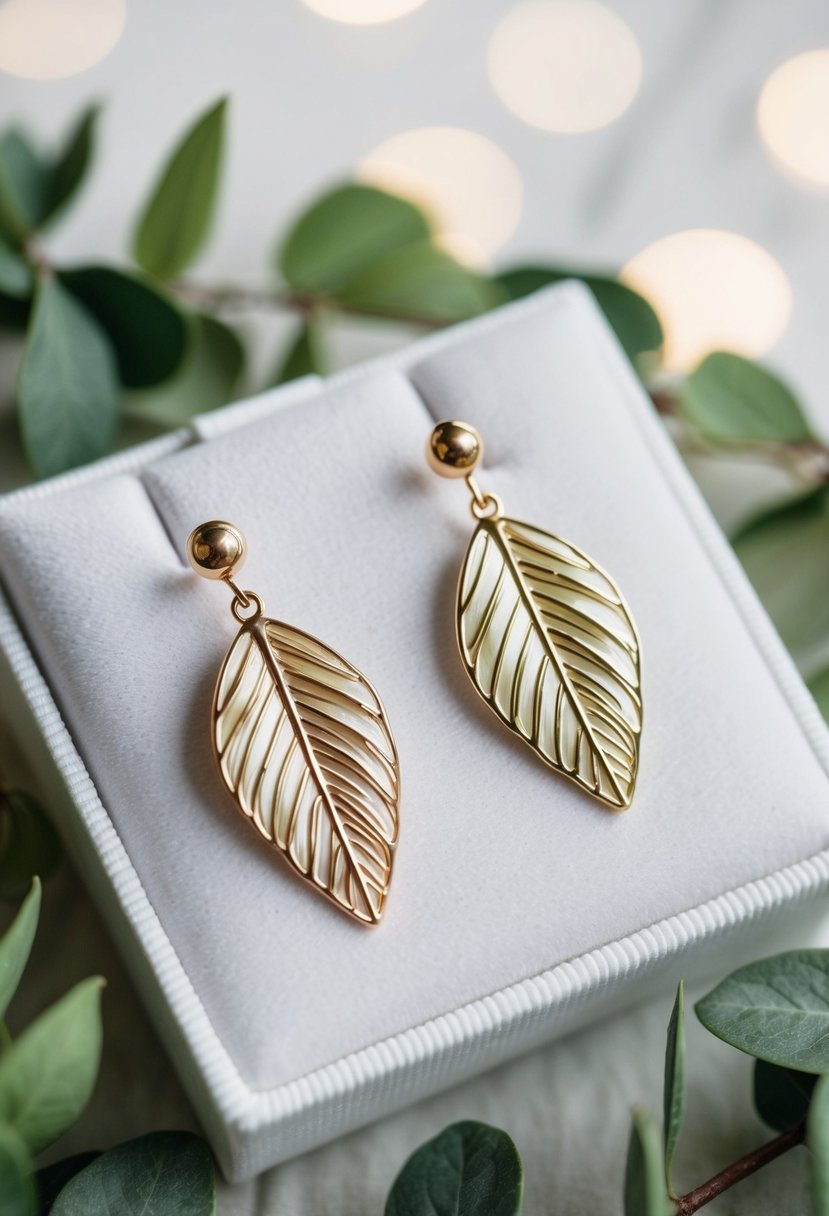 Two delicate enamel leaf earrings displayed on a white velvet cushion, surrounded by green foliage and soft natural light