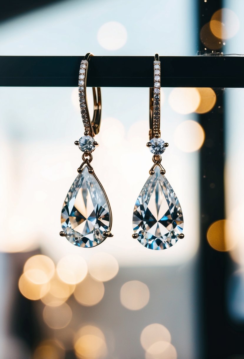 Two delicate teardrop diamond earrings dangle from a display, catching the light and sparkling in a bridal boutique window