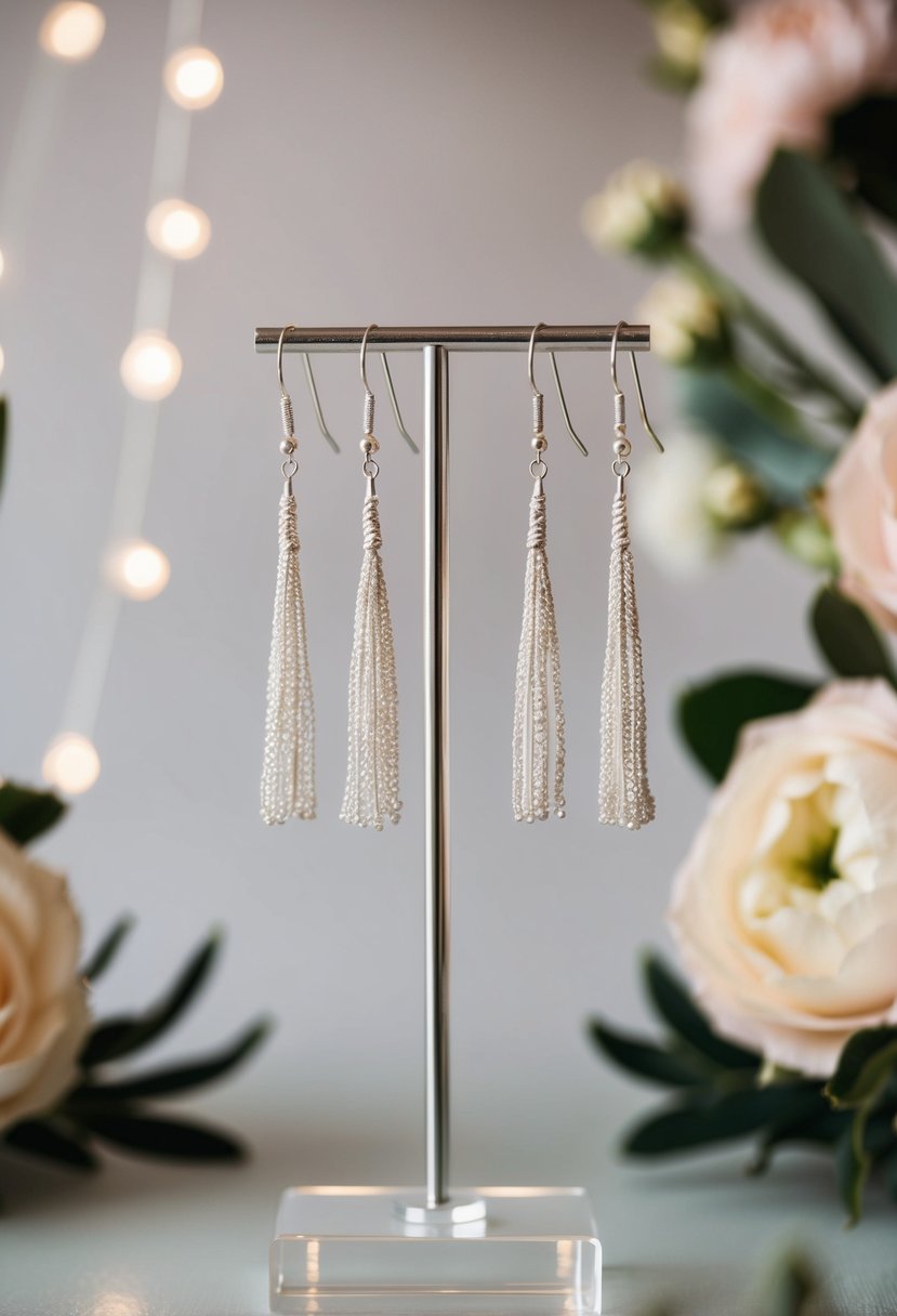 A delicate pair of silver threader earrings suspended from a display stand, surrounded by soft lighting and floral accents