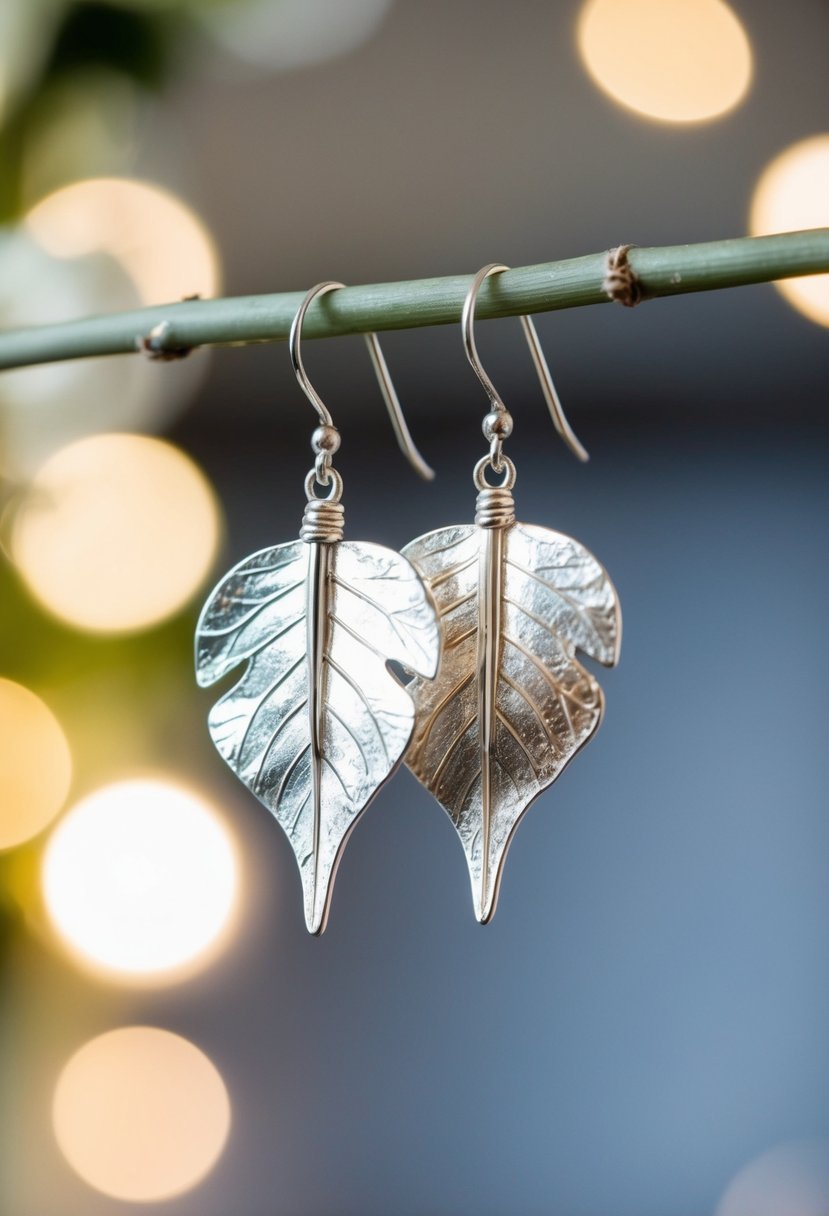 A pair of sterling silver leaf ear jackets suspended from delicate hooks, shimmering in the soft light of a wedding reception