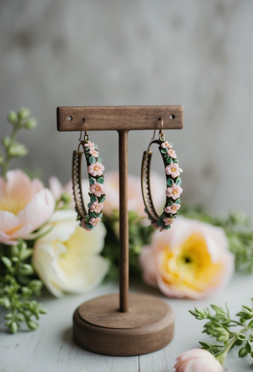 A pair of delicate vintage floral hoops dangle from a rustic wooden jewelry stand, surrounded by soft pastel flowers and greenery