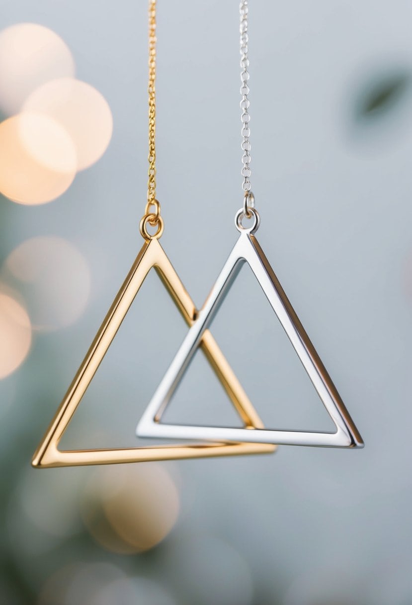 Two interlocking triangles, one gold and one silver, hang from a delicate chain, creating a modern and minimalist wedding earring design