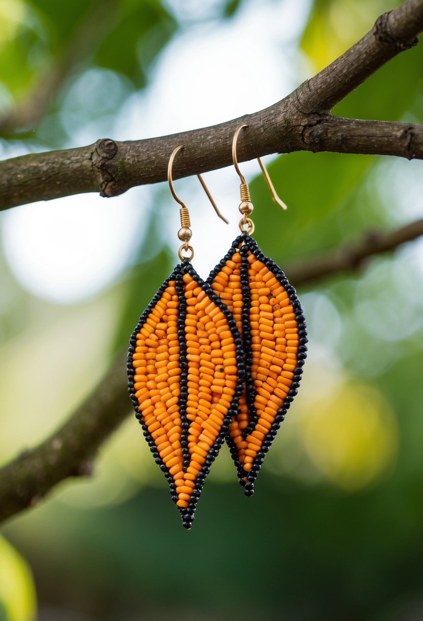 A close-up of beaded leaf earrings dangling from a tree branch