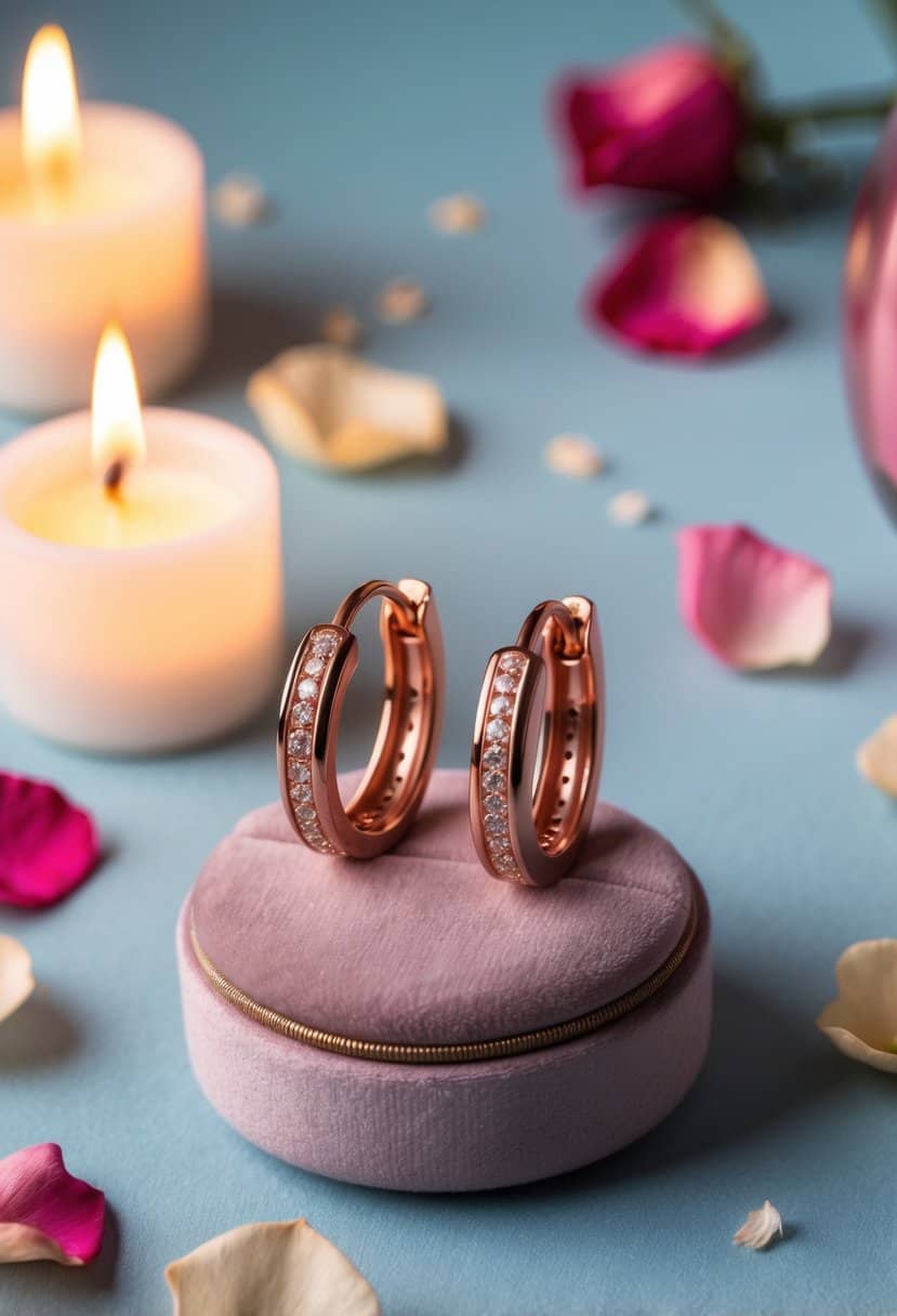 A delicate pair of rose gold huggie earrings displayed on a velvet cushion, surrounded by soft candlelight and scattered rose petals