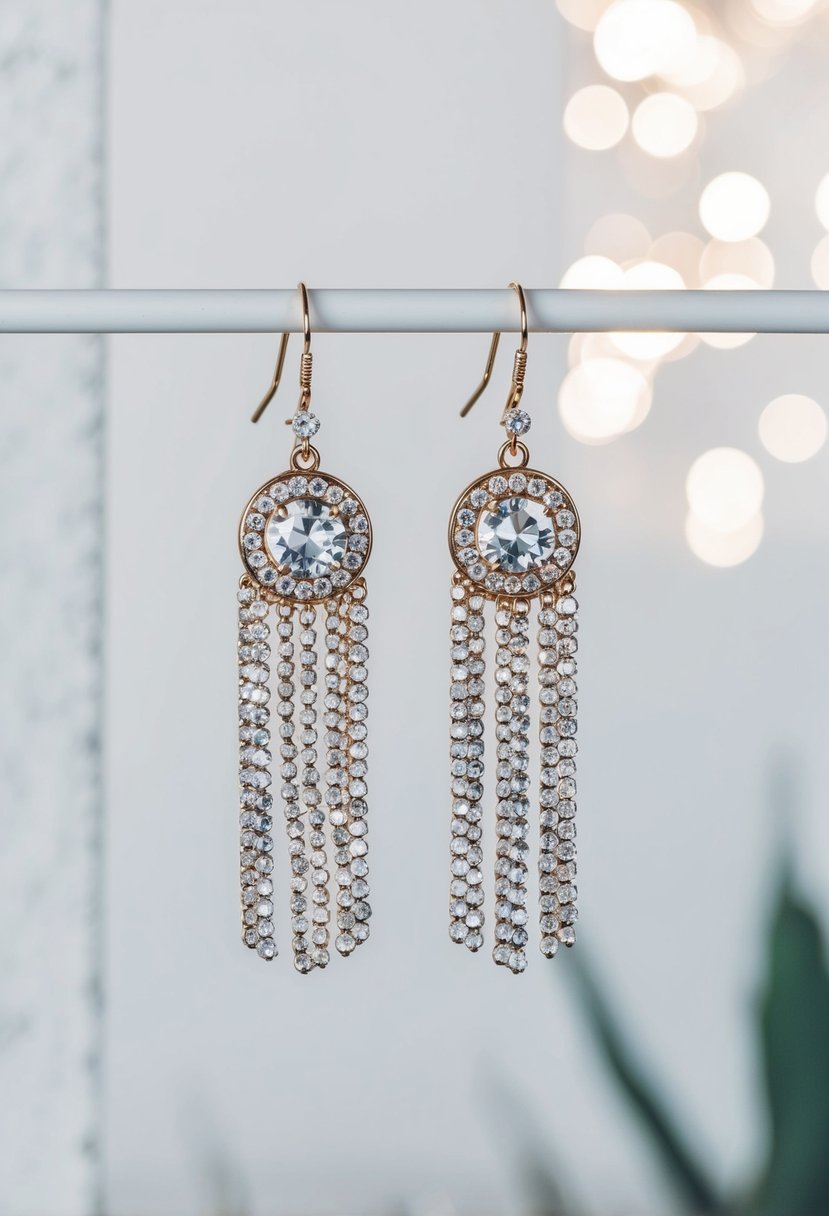 A pair of crystal fringe earrings suspended against a clean, minimalist backdrop