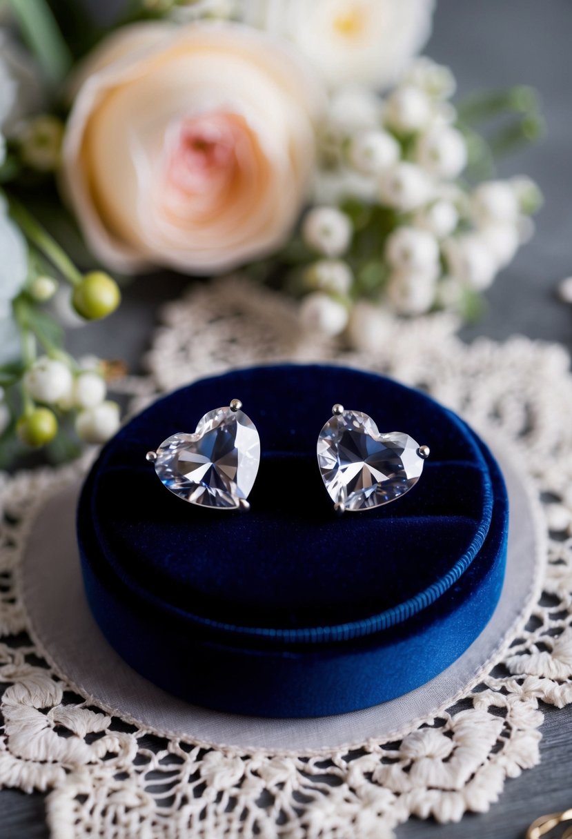 A pair of Swarovski Crystal Hearts earrings displayed on a velvet cushion with soft lighting, surrounded by delicate lace and floral accents