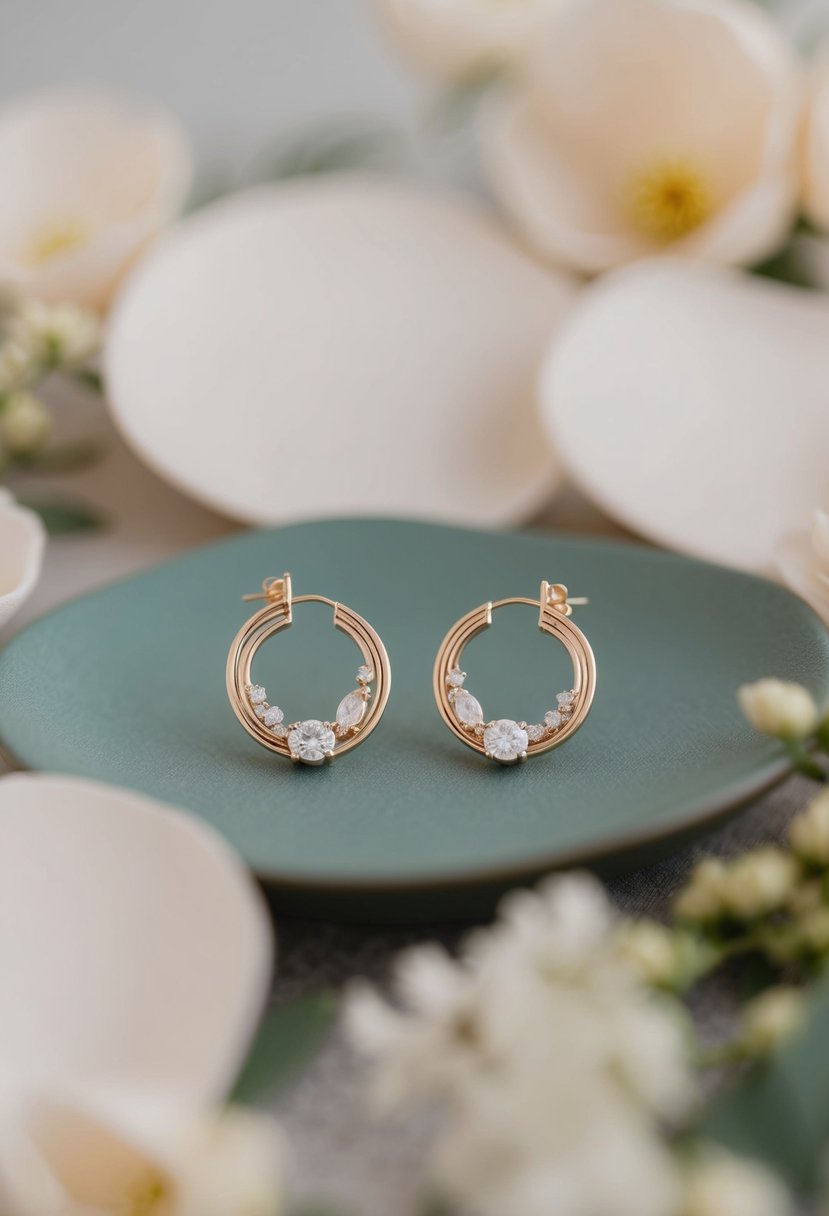 A pair of delicate ear jackets with minimalist design, surrounded by soft, romantic wedding decor