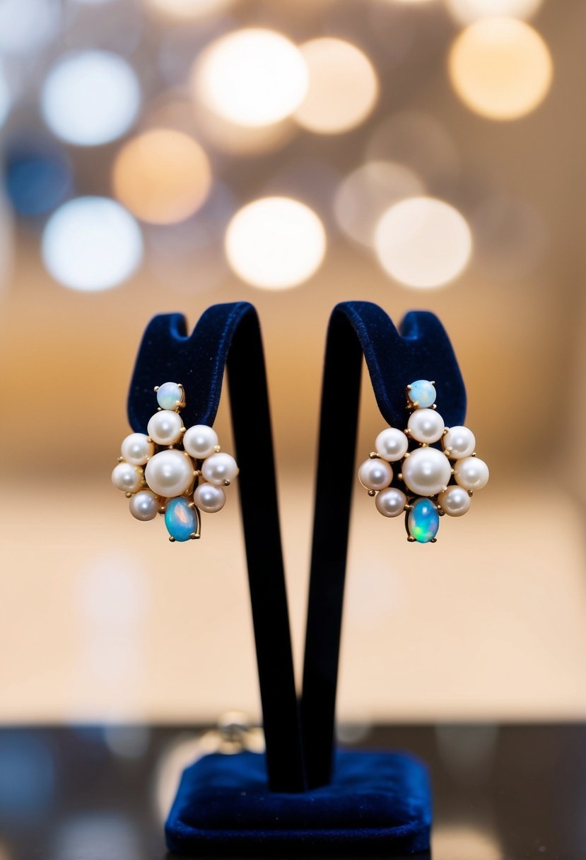 A delicate pair of pearl and opal cluster earrings on a small display stand